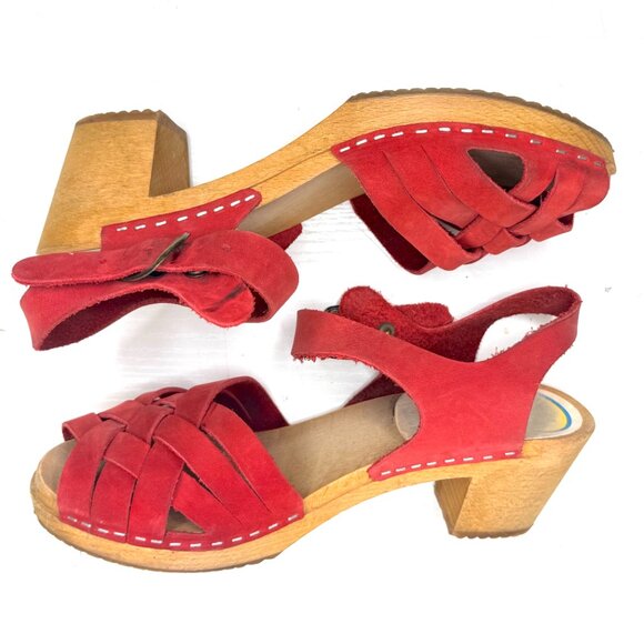 KERSTIN ADOLPHSON Swedish Carina Leather Mary Jane Wood Platform Clog 8 38 Red - Picture 5 of 8